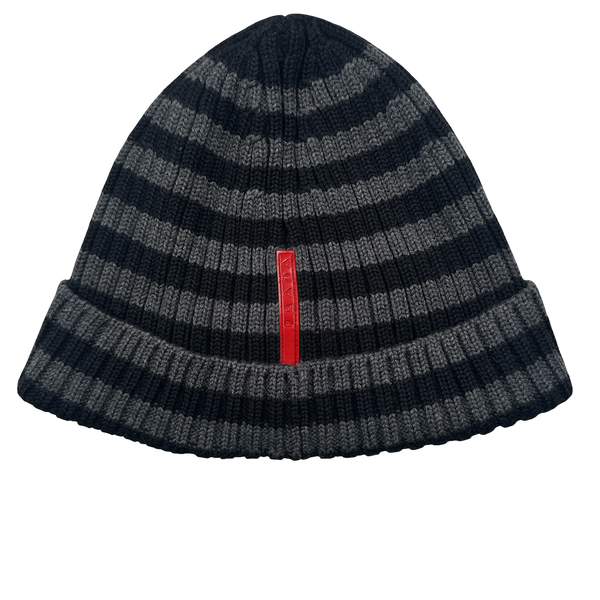 Prada Red Tab Charcoal Wool Spellout Beanie