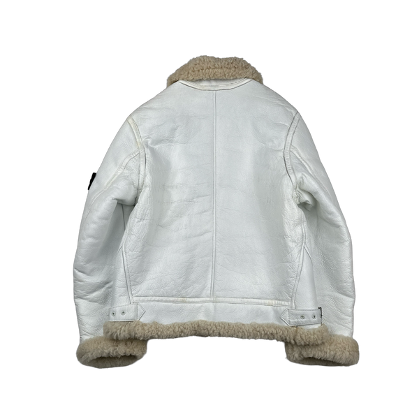 Stone Island 2005 White Hand Painted Lambskin Leather Thick Shearling Jacket - Medium