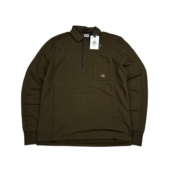 CP Company Khaki Longsleeve Spellout Cotton Polo Shirt - Large