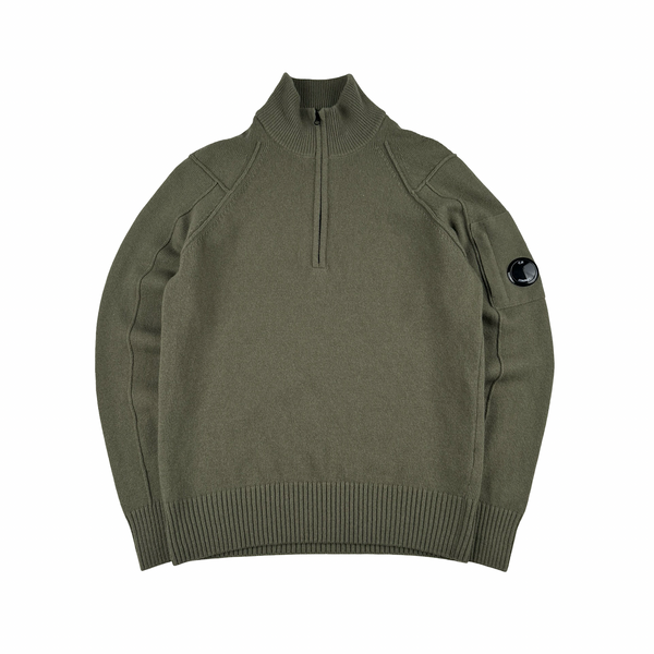 CP Company Khaki Green Thick Wool Quarter Zip Lens View Jumper - Small