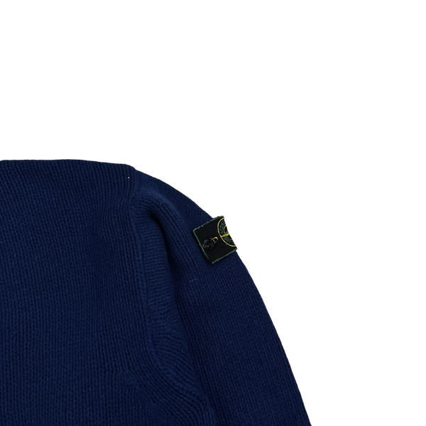 Stone Island 90s Blue Wool V-Neck Vintage Jumper - Large