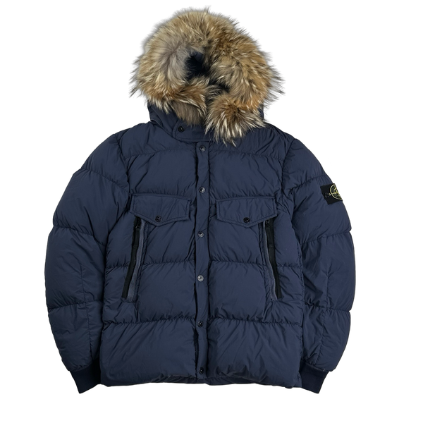 Stone Island 2016 Blue Organic Feel Tela Down Coyote Fur Hood Jacket Small