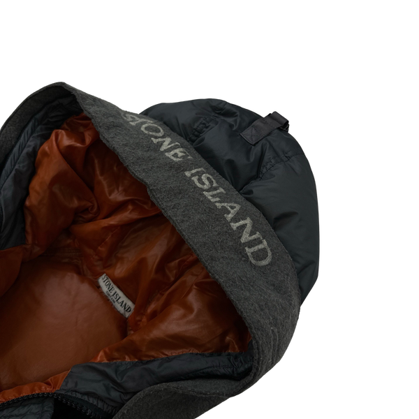 Stone Island 2007 Opaque Nylon Tela Spellout Hood Mesh Badge Long Puffer Jacket - 3XL