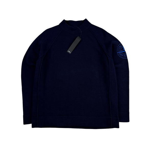 Stone Island 2019 Navy Wool Embroidered Arm Compass Crewneck Knit - XL