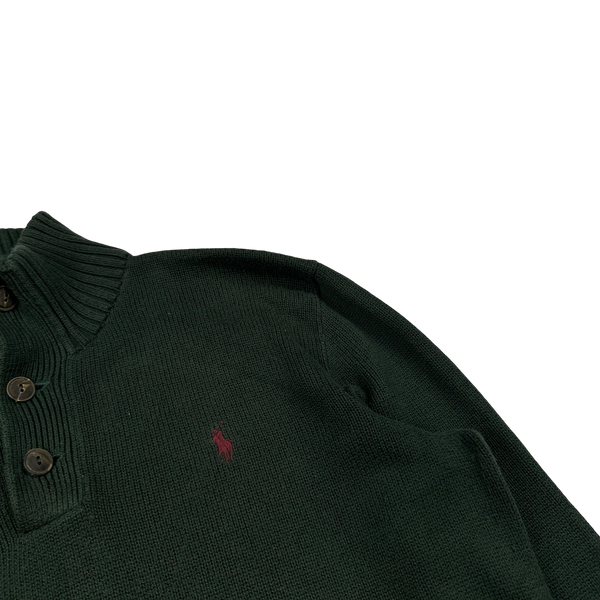 Ralph Lauren Dark Green Cotton Knit Quarter Button Jumper - Medium
