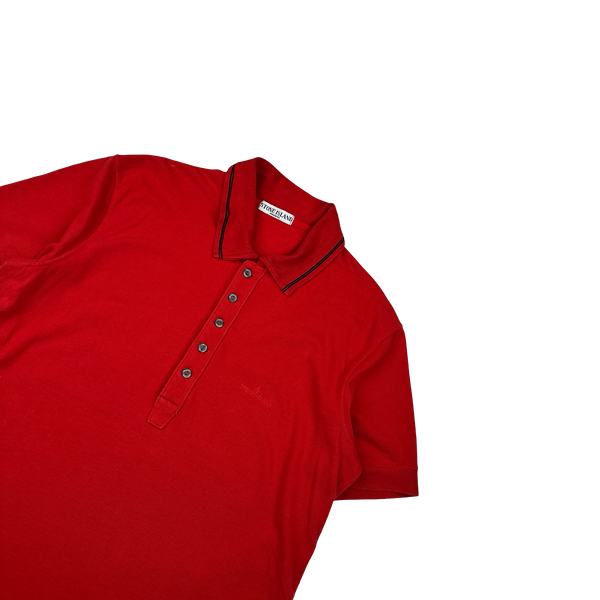 Stone Island 2008 Red Cotton Collared Neck Spellout Polo - 3XL