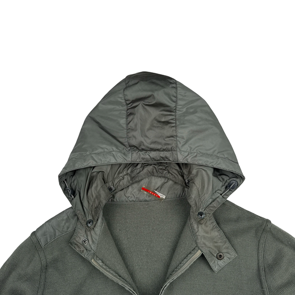 Prada Khaki Cotton Knitted Red Tab Zipped Hoodie - Large