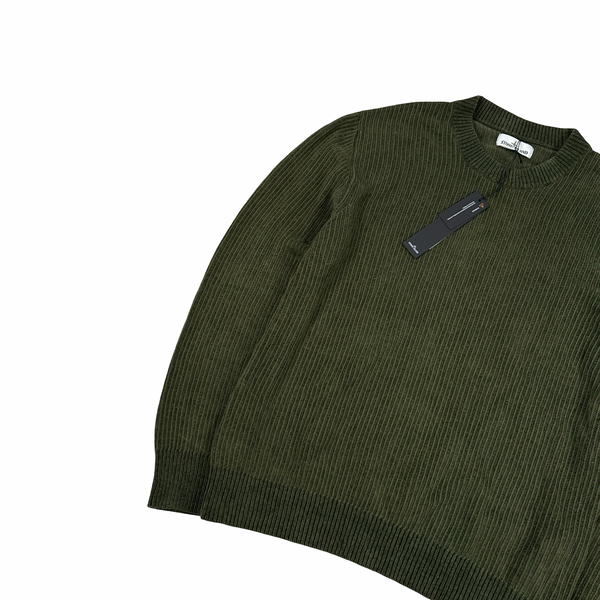 Stone Island 2021 Green Ribbed Wool Crewneck - Large