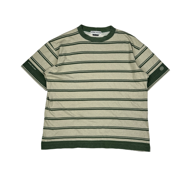 Stone Island 1997 Green Striped Vintage Cotton T Shirt - Large