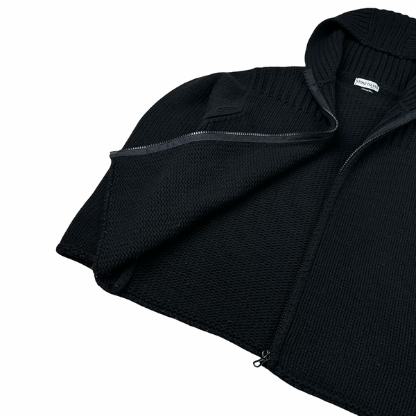 Stone Island AW/2001 Vintage Knitted Zipped Black Hooded Jumper - XXL