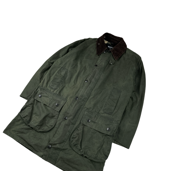Barbour Border Green Cotton Flannel Lined Corduroy Collar Wax Jacket - Large