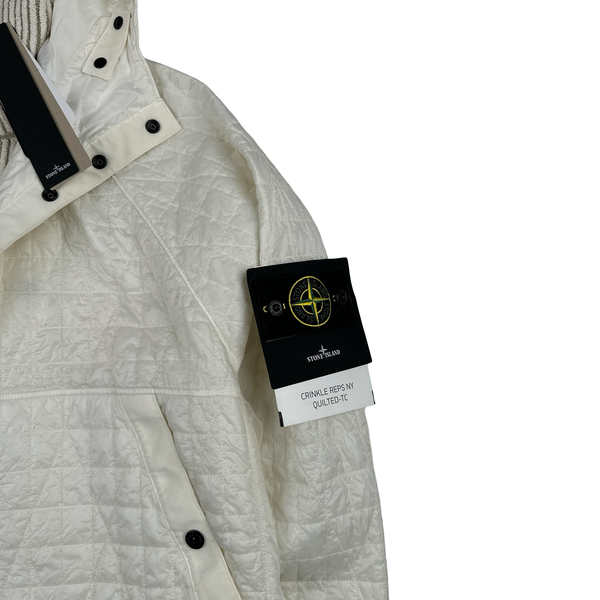 Stone Island 2025 White Garment Dyed Crinkle Reps Knitted Hood NY Quilted TC Jacket - Large