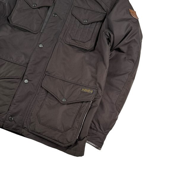 Ralph Lauren Brown Shearling Collar Quilted Multi Pocket Hooded Down Jacket - Medium