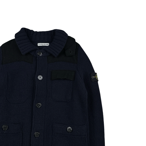 Stone Island 2011 Heavyweight Wool Navy Panelled Buttoned Knit - Medium