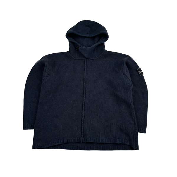 Stone Island 1996 Navy Hooded Wool Buttoned Knitted Jumper - Medium