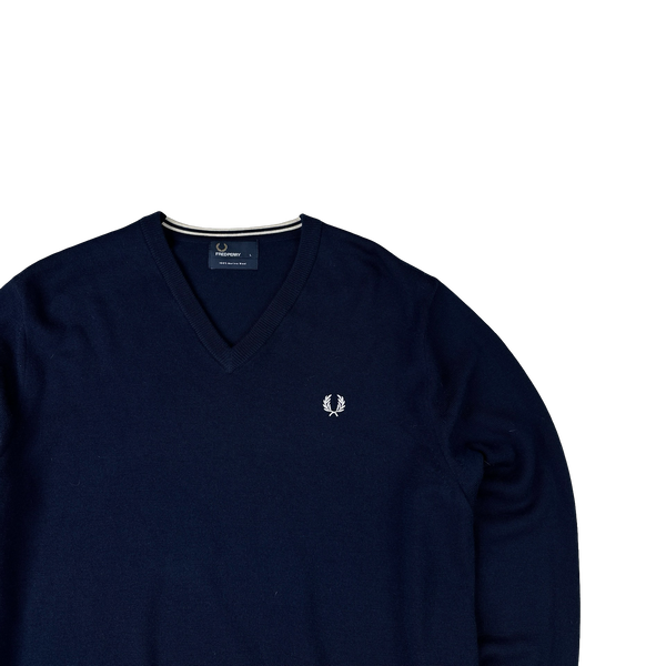 Fred Perry Merino Wool Navy V Neck Knit - Large