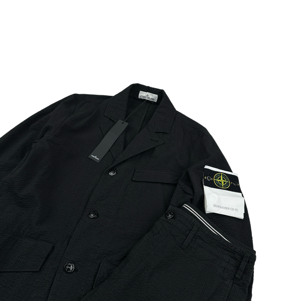 Stone Island 2019 Black Seesucker CO-TC Blazer Trousers Suit Set -  Small