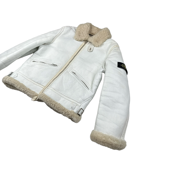 Stone Island 2005 White Hand Painted Lambskin Leather Thick Shearling Jacket - Medium