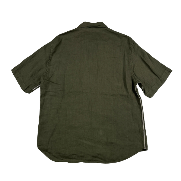 Stone Island 2004 Khaki Lino Flax Spellout Short Sleeve Shirt - XXL