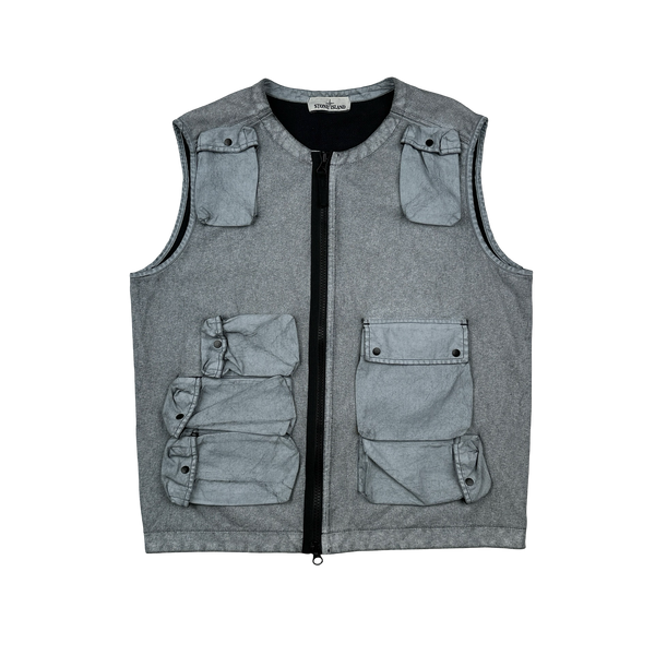 Stone Island 2019 Tela Placcata Spellout Zipped Cargo Gilet - Medium