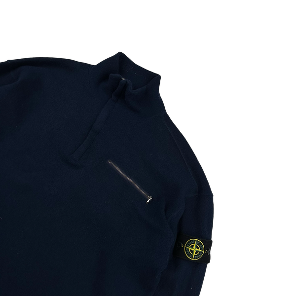 Stone Island Vintage 2002 Navy Wool Blend Quarter Zip Jumper - Large