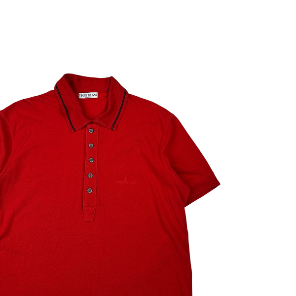 Stone Island 2008 Red Cotton Collared Neck Spellout Polo - 3XL