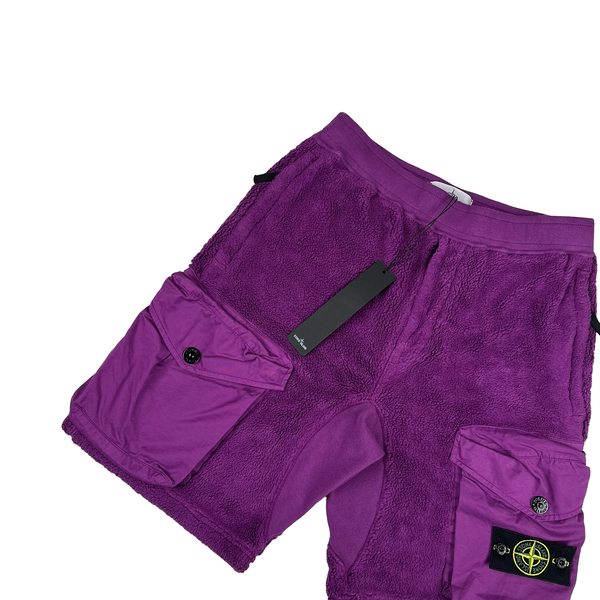 Stone Island 2021 Purple Teddy Fleece Cargo Shorts - Small - Large