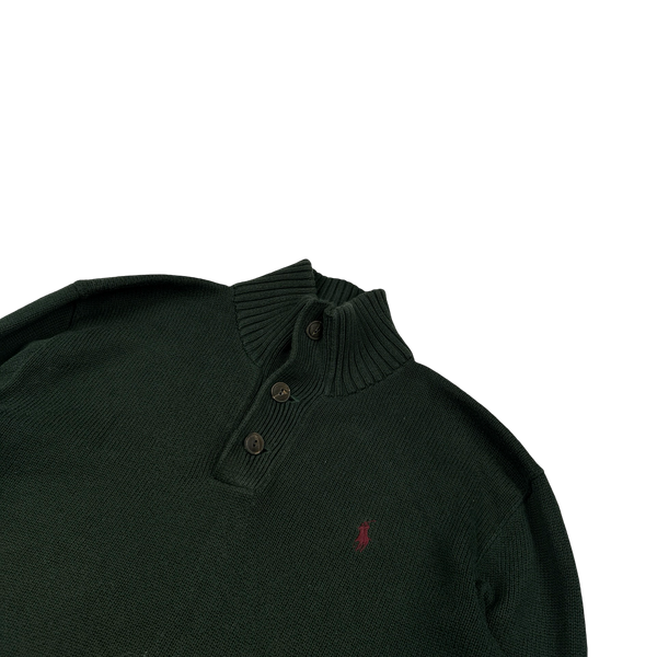Ralph Lauren Dark Green Cotton Knit Quarter Button Jumper - Medium
