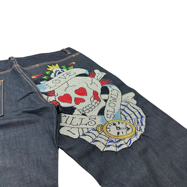 Ed Hardy By Christian Audigier Rare Deadstock Rhinestone Baggy Fit Graphic Skull Jeans - 42"