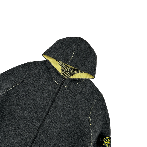 Stone Island Reversible Yellow/Grey Wool Contrast Ribbed Knit Hoodie - Medium