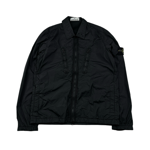 Stone Island 2022 Black Garment Dyed Crinkle Reps Zipped Overshirt - Small