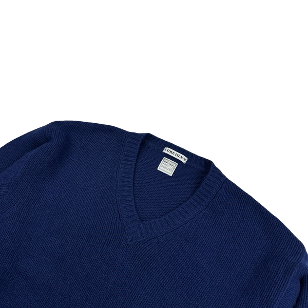Stone Island 90s Blue Wool V-Neck Vintage Jumper - Large