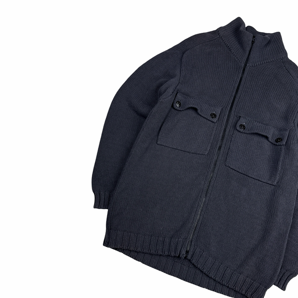 Stone Island Vintage Green Edge Grey Thick Knitted Cotton Jumper - Large