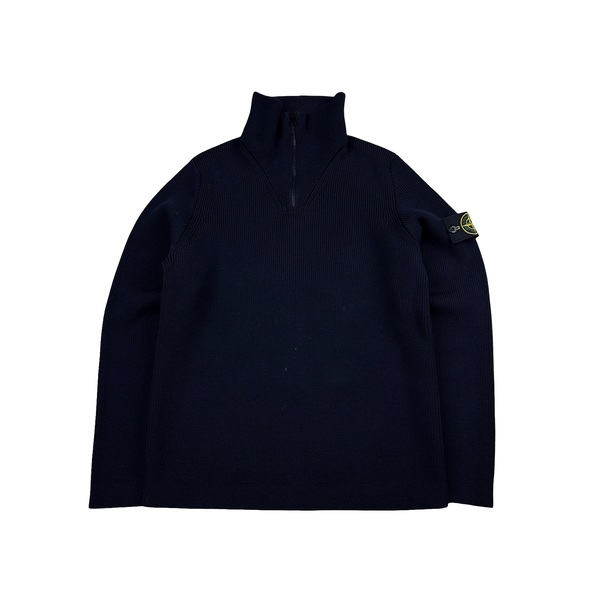 Stone Island Navy Wool Ribbed Zipped Neck Knit Jumper - Medium