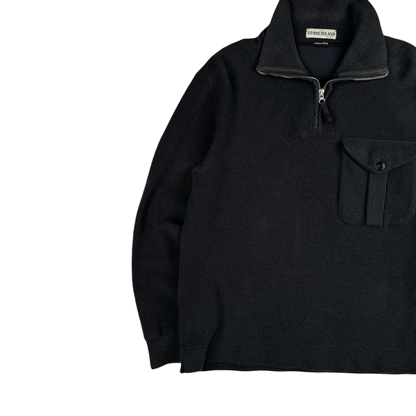 Stone Island 2001 Black Wool Blend Vintage Ribbed High Neck Jumper - Medium