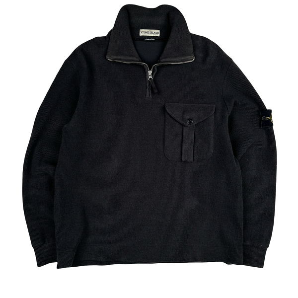 Stone Island 2001 Black Wool Blend Vintage Ribbed High Neck Jumper - Medium
