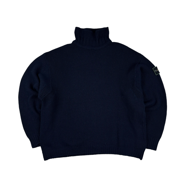 Stone Island 1995 Navy Knitted Green Edge Mock Neck Pullover - XL