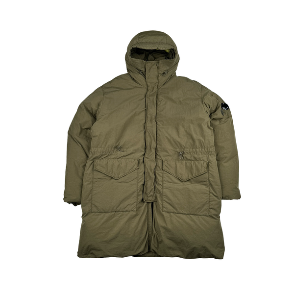CP Company Khaki Flatt Nylon Extractable Down Filled Lens Viewer Long Puffer Jacket - XL