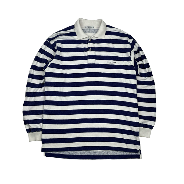 Stone Island Vintage 80's Cotton Blue Striped Marina Longsleeve Polo - Medium