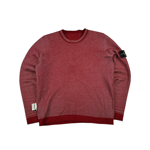 Stone Island 2009 Red Ribbed Reversable Wool Blend Crewneck Jumper - Medium