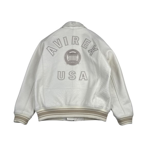 Avirex White Leather Spell Out Bomber Jacket - Medium