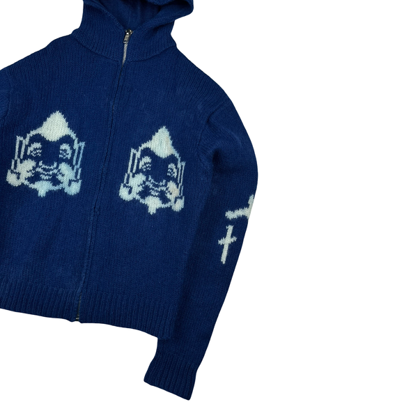Evisu 2000s Blue Wool Logo Zip Up Hoodie - Large