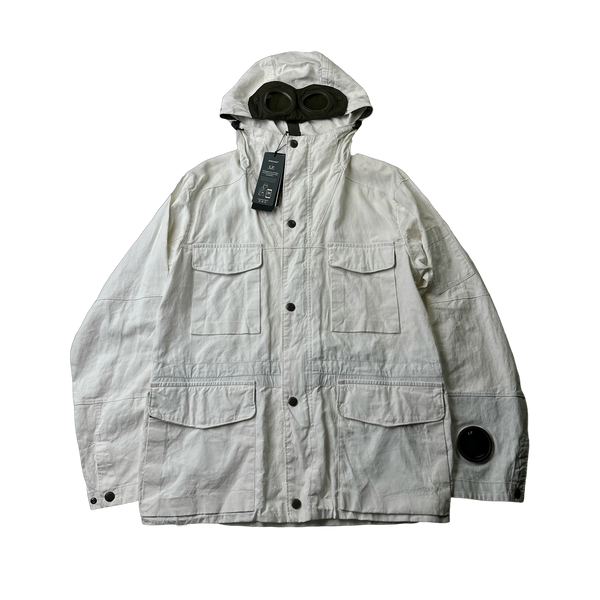 CP Company White Plated Linen La Mille Goggle Jacket - Large