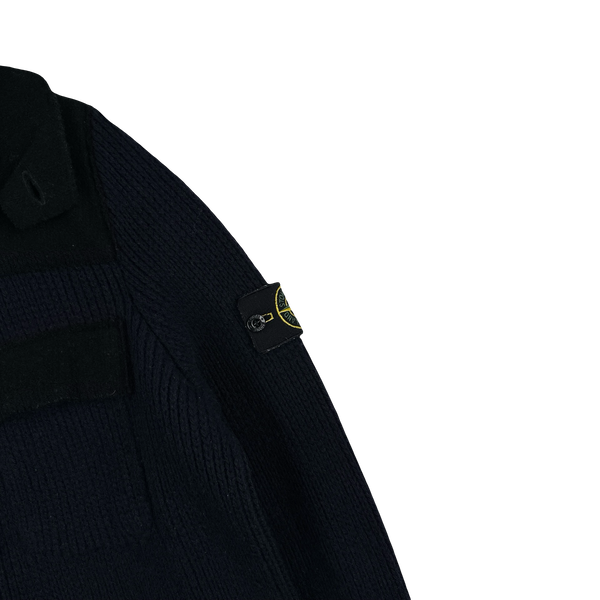 Stone Island 2011 Heavyweight Wool Navy Panelled Buttoned Knit - Medium