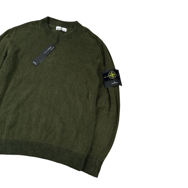 Stone Island 2021 Green Ribbed Wool Crewneck - Large