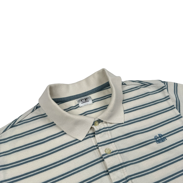 CP Company 2010 Blue Striped Spellout Cotton Short Sleeve Polo - Large