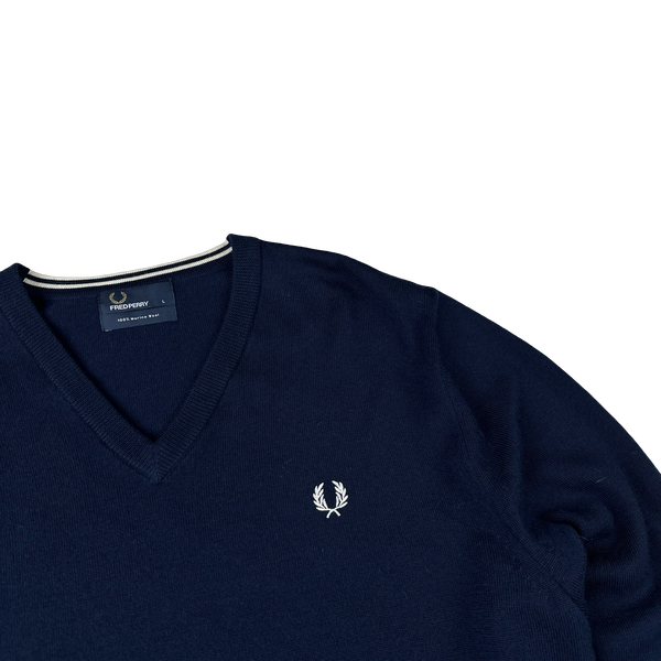 Fred Perry Merino Wool Navy V Neck Knit - Large