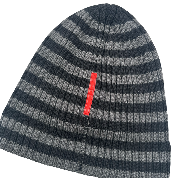 Prada Red Tab Charcoal Wool Spellout Beanie