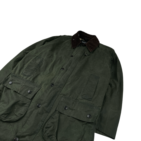Barbour Border Green Cotton Flannel Lined Corduroy Collar Wax Jacket - Large