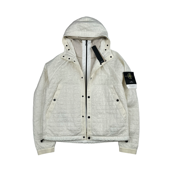 Stone Island 2025 White Garment Dyed Crinkle Reps Knitted Hood NY Quilted TC Jacket - Large